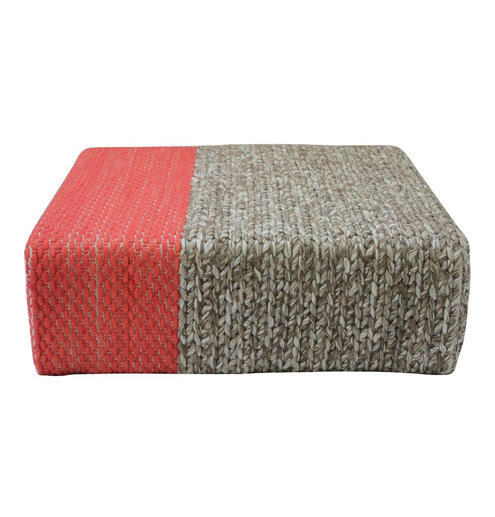 Ira - Handmade Wool Braided Square Pouf | Natural/Living Coral | 90x90x30cm