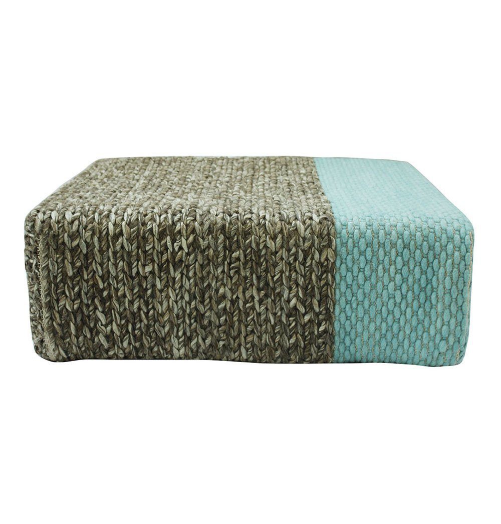 Ira - Handmade Wool Braided Square Pouf | Natural/Pastel Turquoise | 90x90x30cm