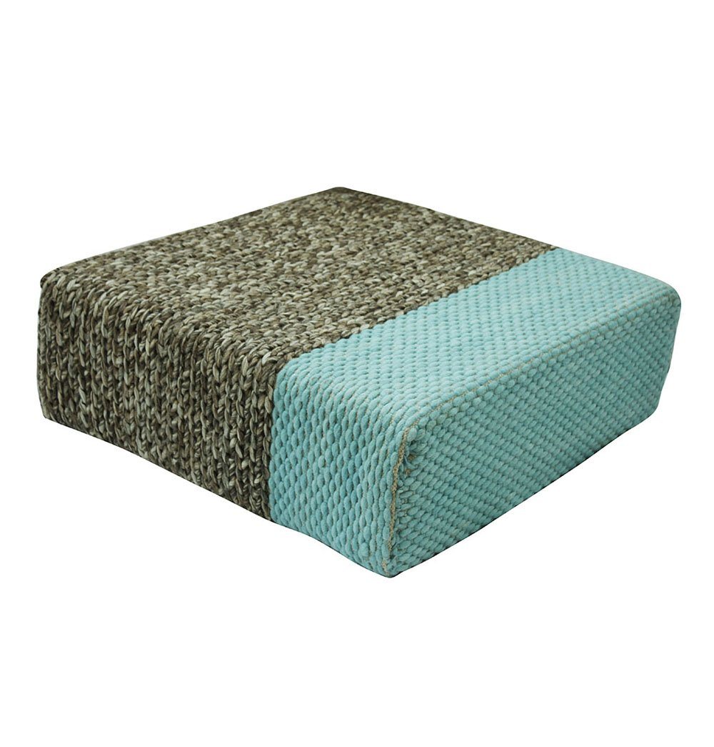 Ira - Handmade Wool Braided Square Pouf | Natural/Pastel Turquoise | 90x90x30cm