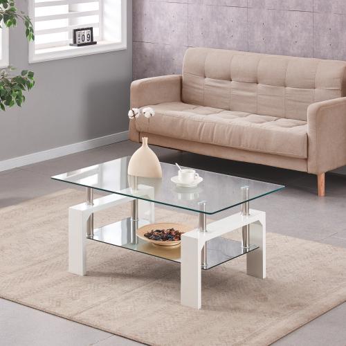 Rectangle Glass Coffee Table, 2-Tier Tea Table w/Tempered Glass Tabletop & Stainless Steel Tube(2Packages)