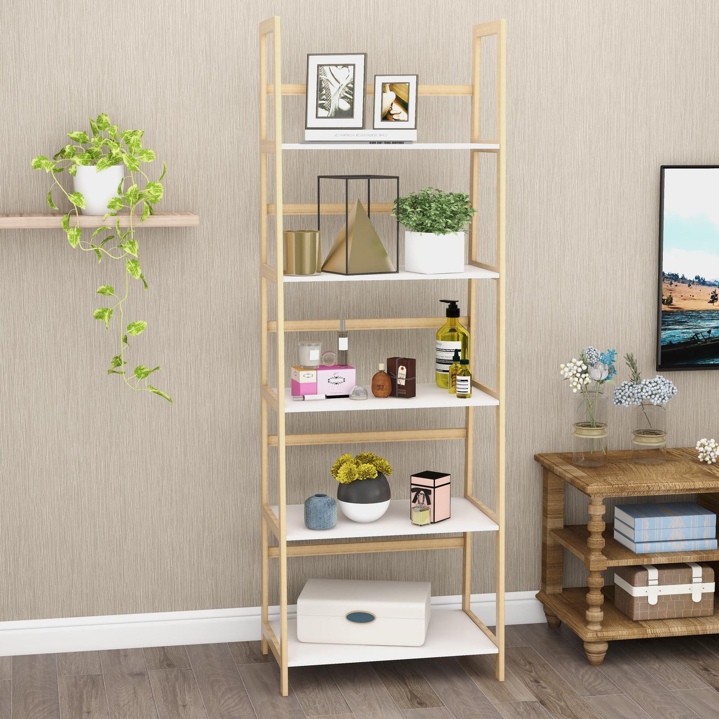 Solid bamboo wood oxford “A”frame ladder display bookshelf