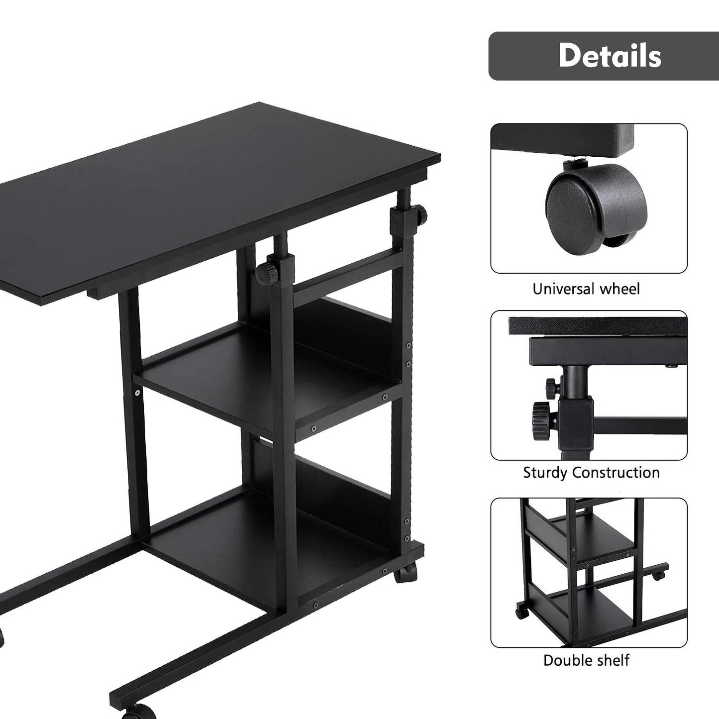 Table with Wheels, Height Adjustable Snack end Table with Storage Shelf