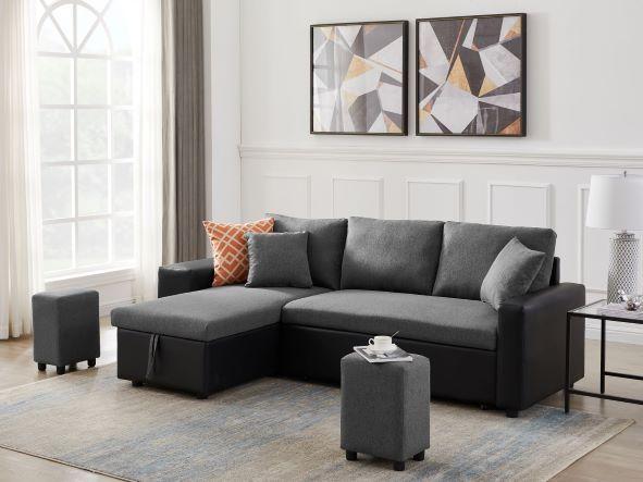 Artemax 92.5“Linen Reversible Sleeper Sectional Sofa with storage and 2 stools Steel Gray