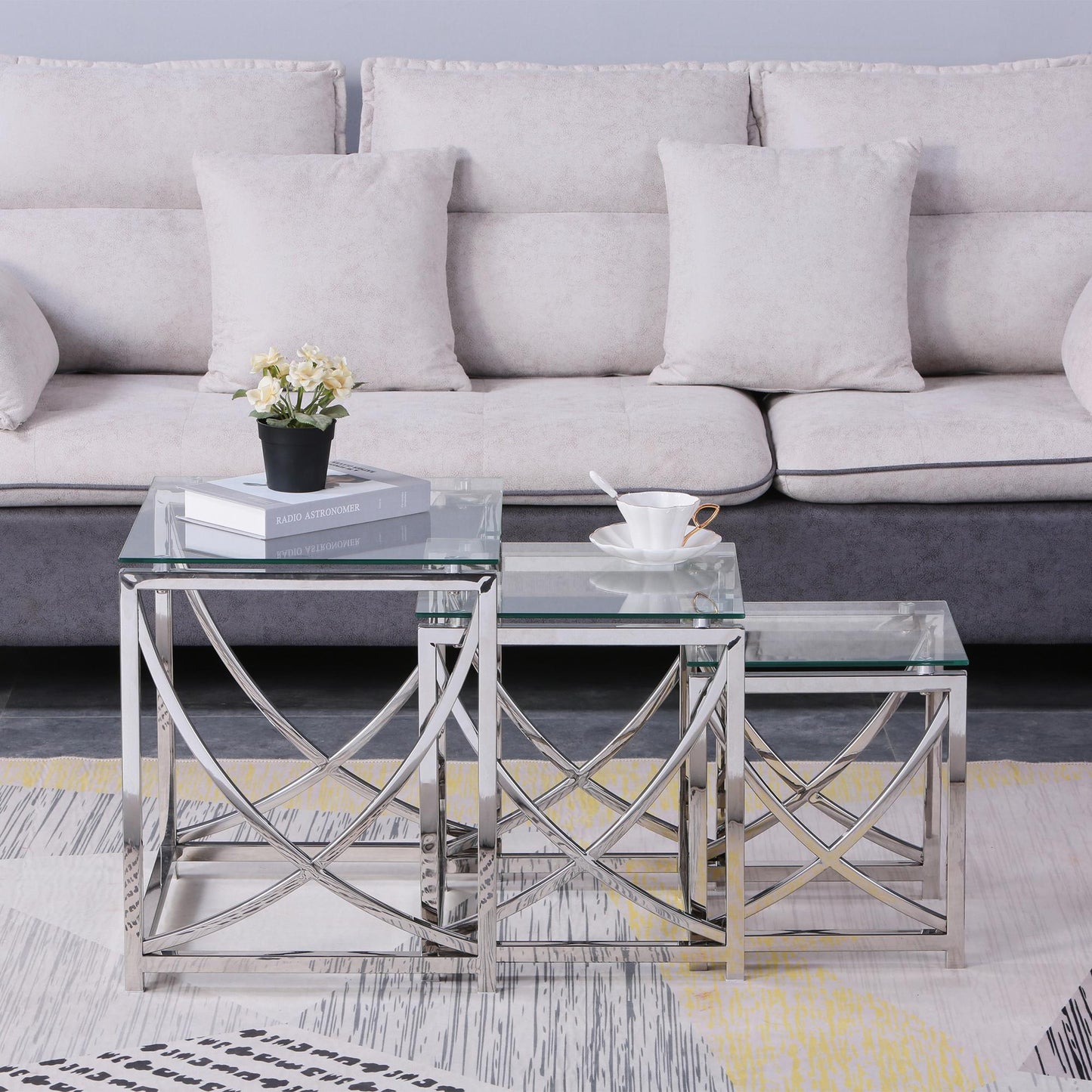 3 Pieces Silver Square Nesting Glass End Tables