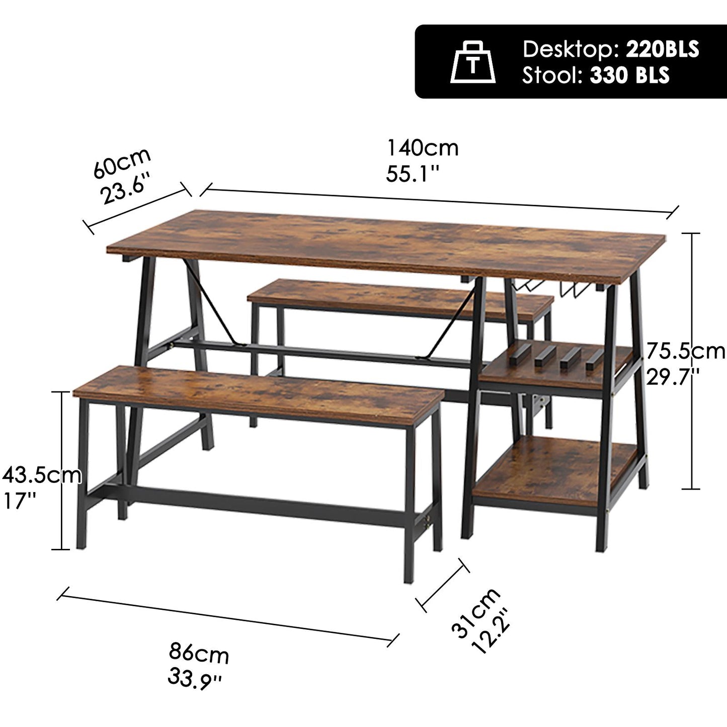 Kitchen Dining Table Set for 4, Wooden Dinette with Wine Shelf and Glass Holder,Breakfast Table Set with 2 Benches