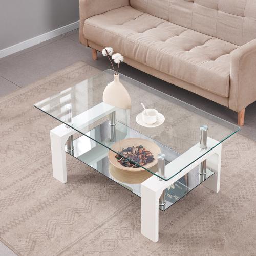 Rectangle Glass Coffee Table, 2-Tier Tea Table w/Tempered Glass Tabletop & Stainless Steel Tube(2Packages)