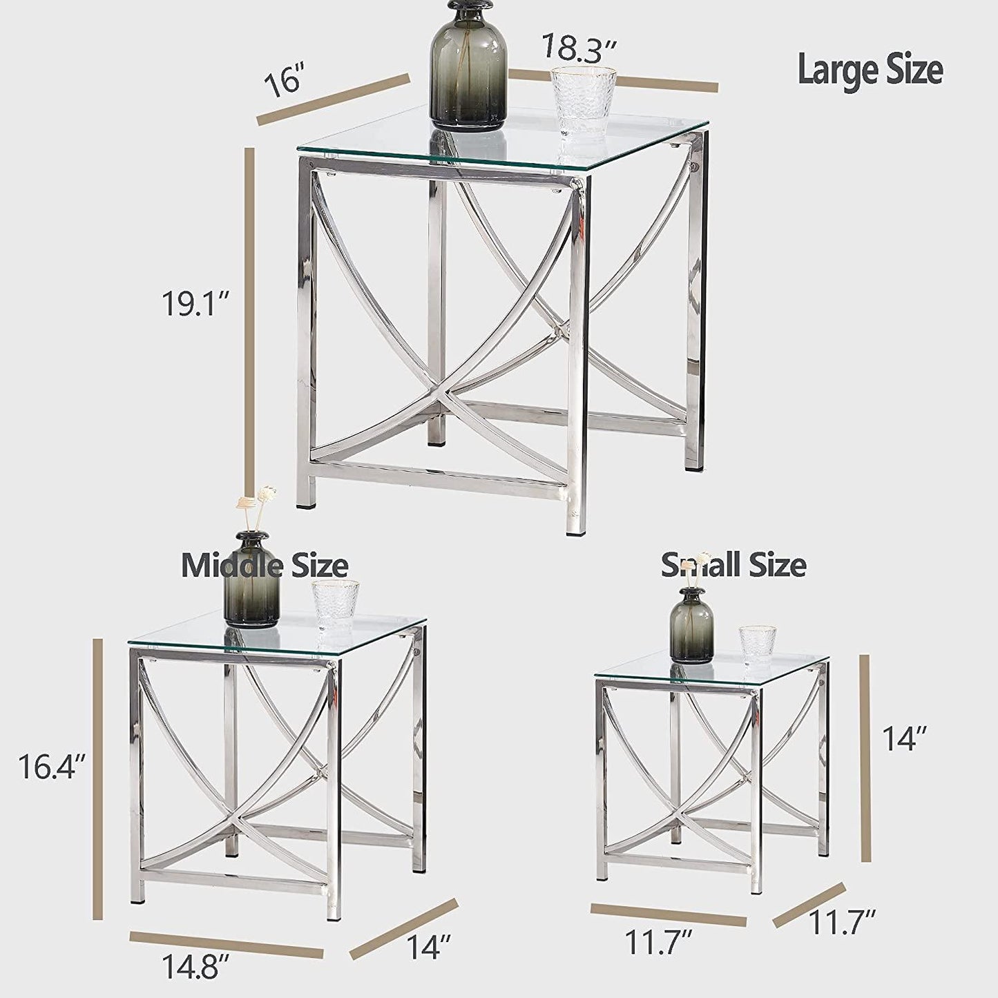 3 Pieces Silver Square Nesting Glass End Tables