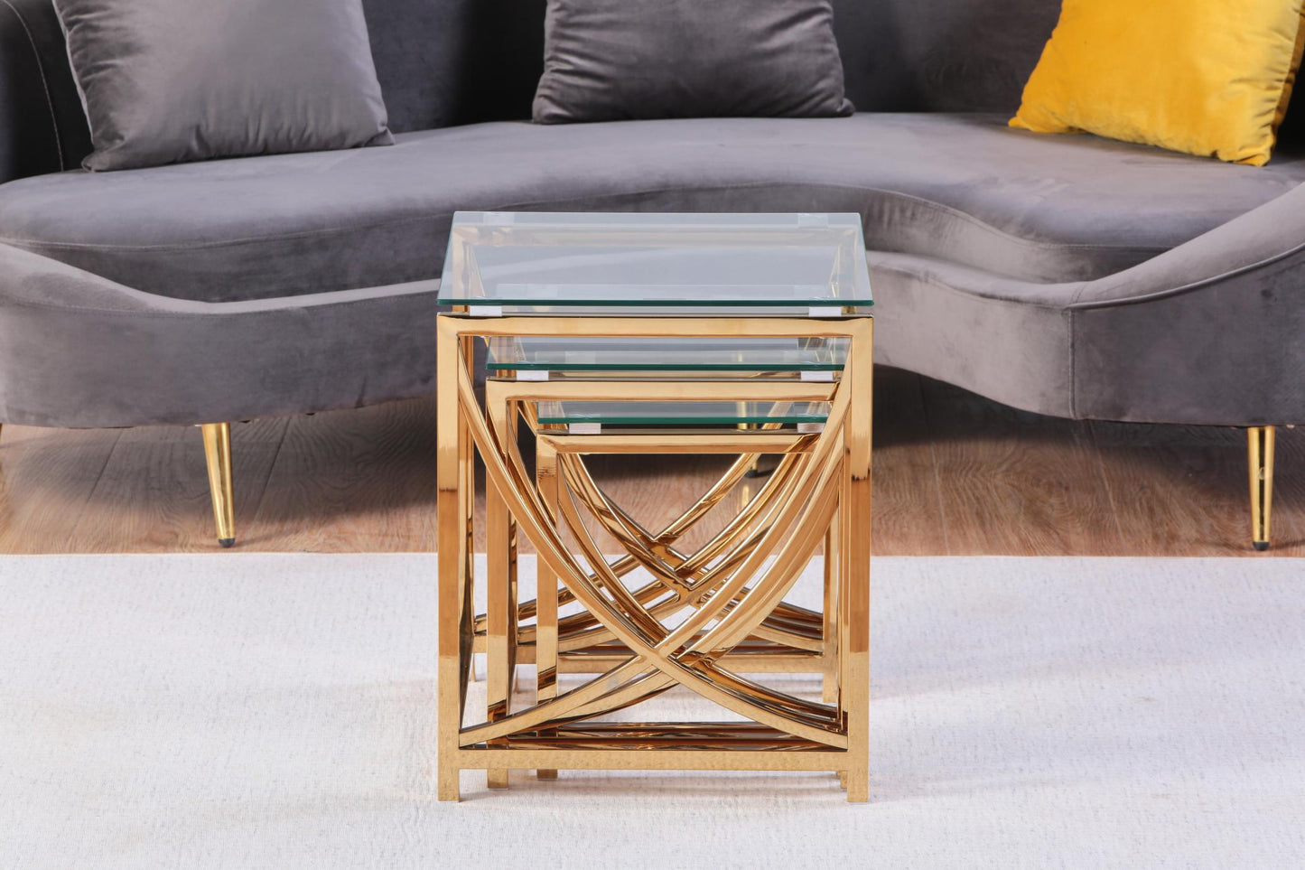 3 Pieces Gold Square Nesting Glass End Tables- Small Coffee Table Set- Stainless Steel Small Coffee Tables with Clear Tempered Glass