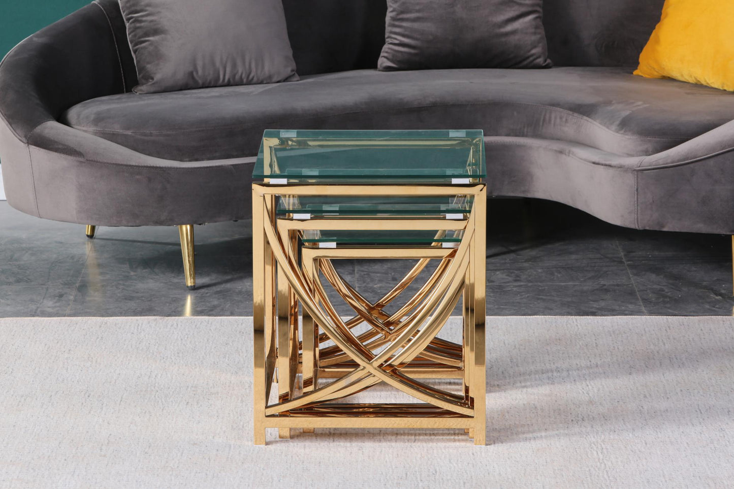 3 Pieces Gold Square Nesting Glass End Tables- Small Coffee Table Set- Stainless Steel Small Coffee Tables with Clear Tempered Glass