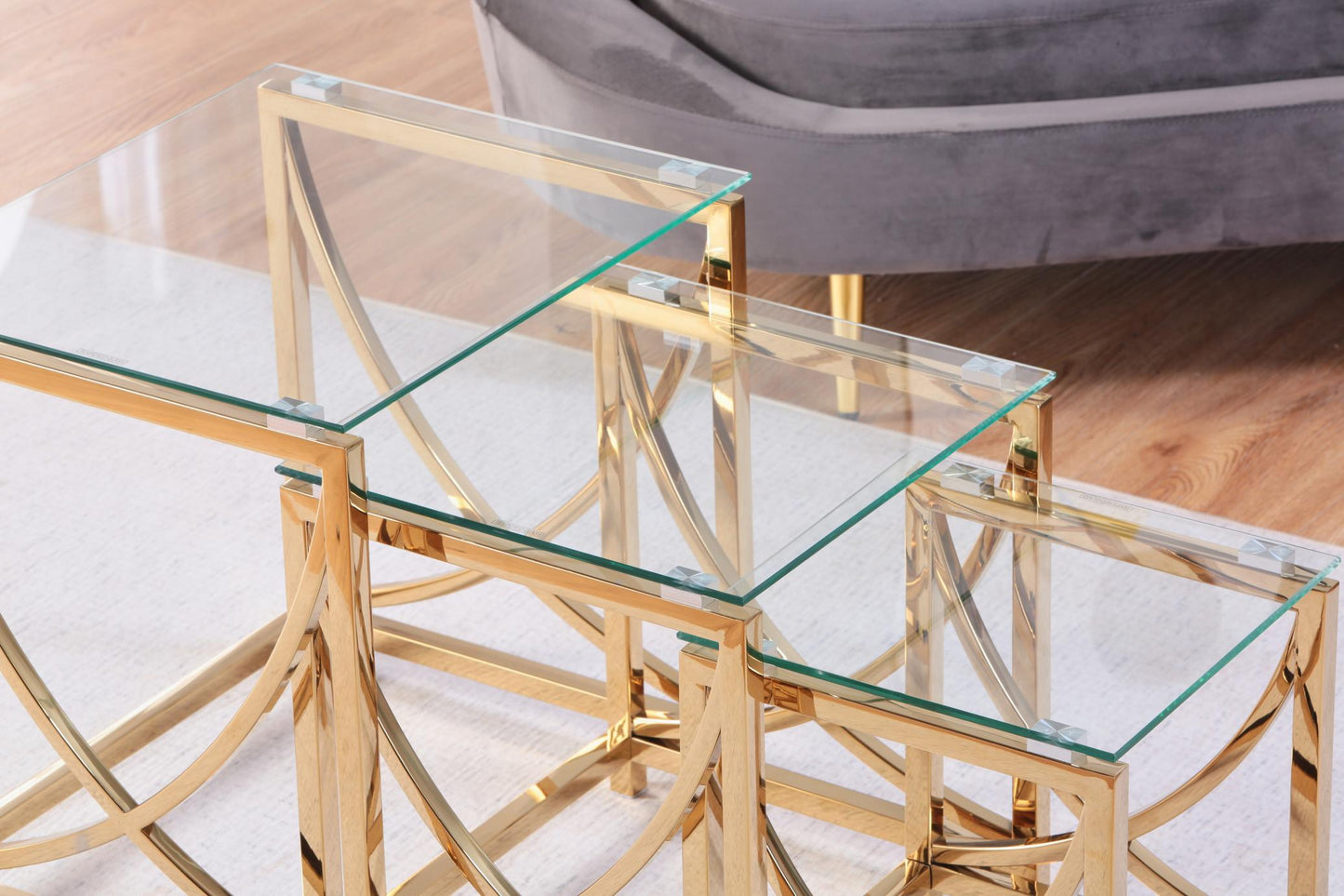 3 Pieces Gold Square Nesting Glass End Tables- Small Coffee Table Set- Stainless Steel Small Coffee Tables with Clear Tempered Glass