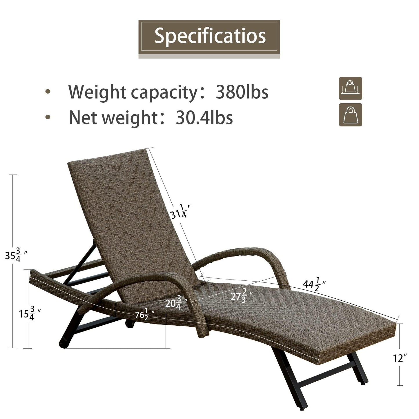 Domi Outdoor Living Outdoor PE Wicker Chaise Lounge with Armrest- Set of 2 Patio Reclining Chair Fur