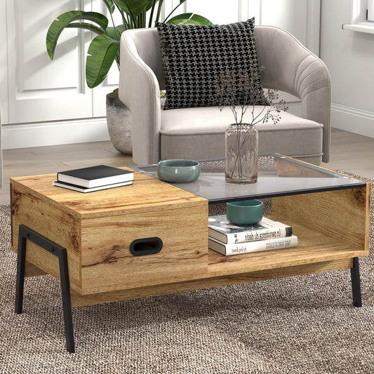 Coffee Table, Modern Coffee Table with Storage Shelf and Tempered Glass Top,   for Living Room and office