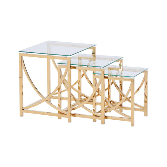 3 Pieces Gold Square Nesting Glass End Tables- Small Coffee Table Set- Stainless Steel Small Coffee Tables with Clear Tempered Glass