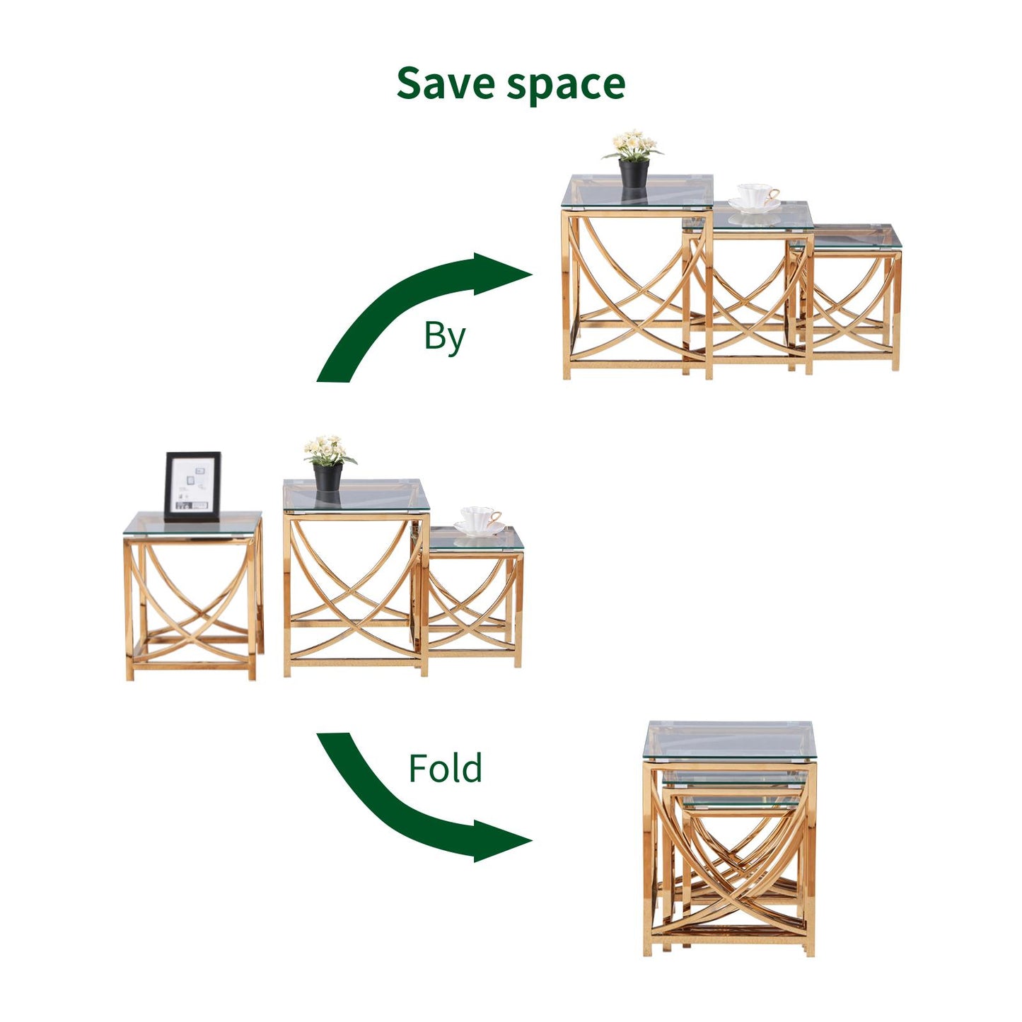 3 Pieces Gold Square Nesting Glass End Tables- Small Coffee Table Set- Stainless Steel Small Coffee Tables with Clear Tempered Glass