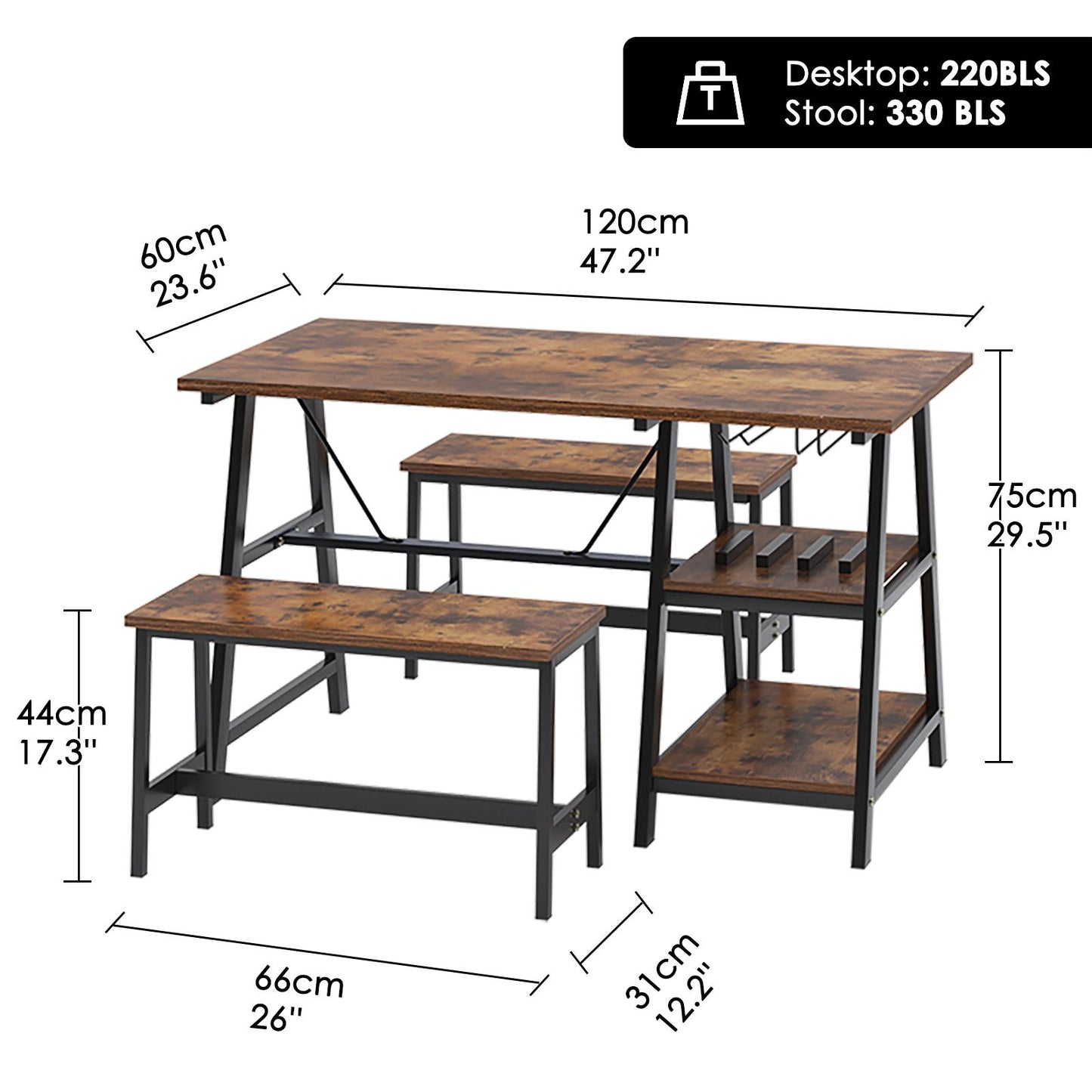 Kitchen Dining Table Set for 4, Wooden Dinette with Wine Shelf and Glass Holder,Breakfast Table Set with 2 Benches