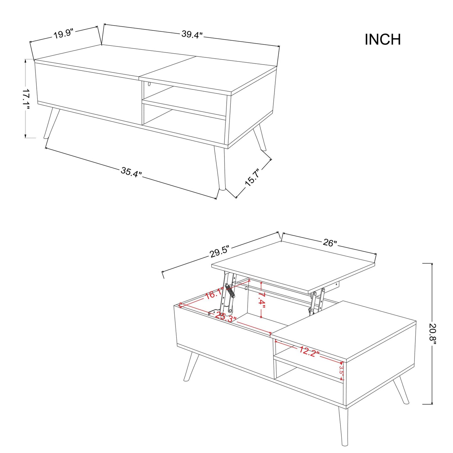 Lift Top Extendable Coffee Table with Storage