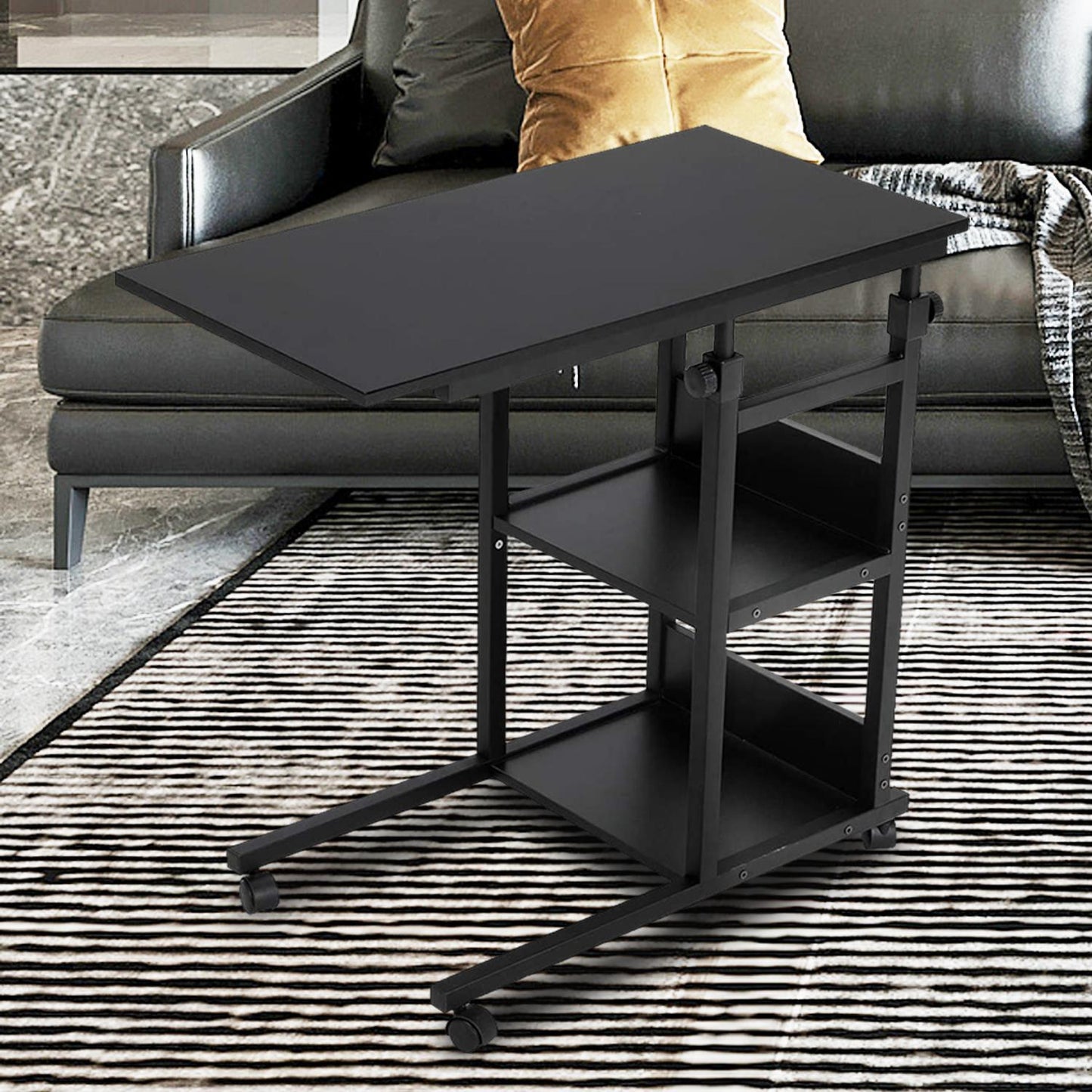 Table with Wheels, Height Adjustable Snack end Table with Storage Shelf