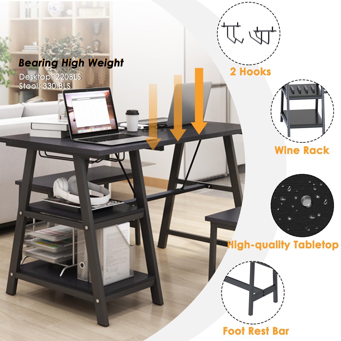 Kitchen Dining Table Set for 4, Wooden Dinette with Wine Shelf and Glass Holder,Breakfast Table Set with 2 Benches