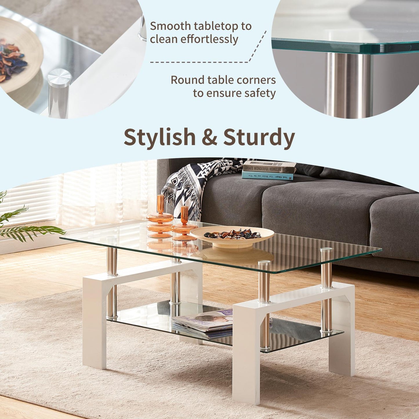 Rectangle Glass Coffee Table, 2-Tier Tea Table w/Tempered Glass Tabletop & Stainless Steel Tube(2Packages)