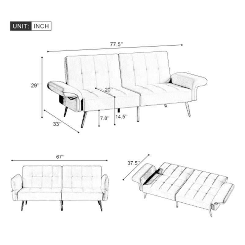 Winforce factory directly supply 280g Italian velvet futon couch, foldable armrests with magazine bags sleeper sofa bed