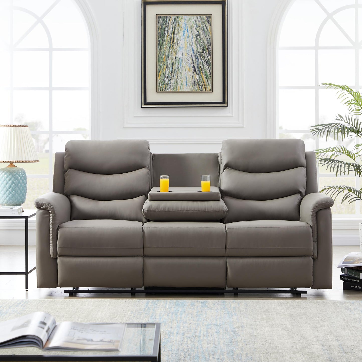 Manual Recliner Living Room Set Grey PU （This product is an oversized item / LTL