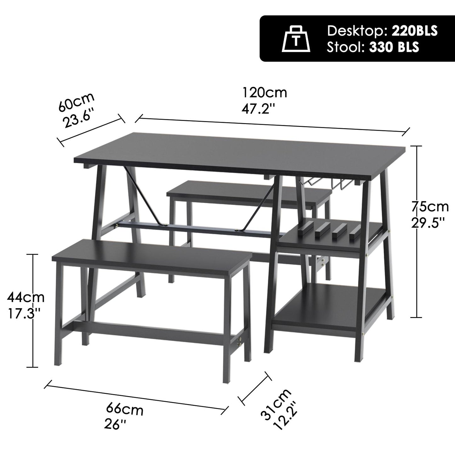 Kitchen Dining Table Set for 4, Wooden Dinette with Wine Shelf and Glass Holder,Breakfast Table Set with 2 Benches