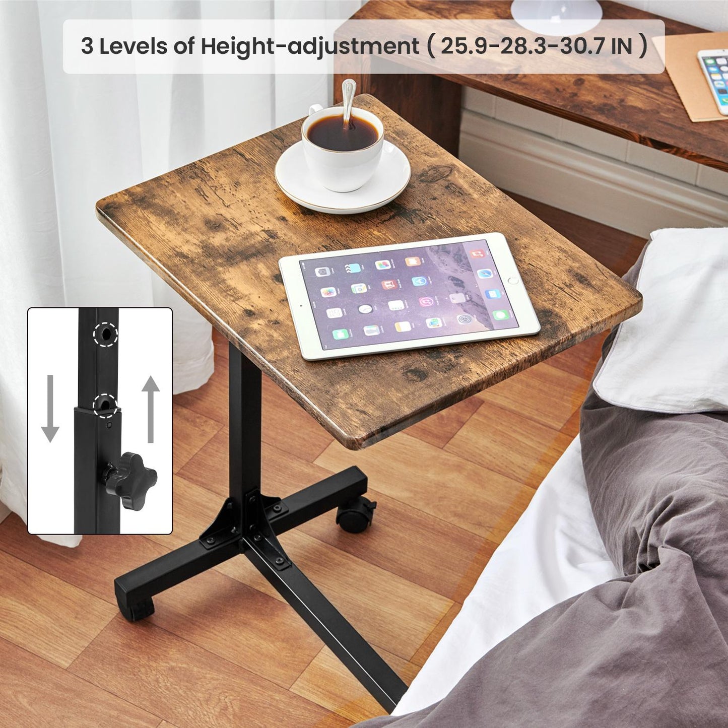 Side End Tables with Rolling Casters,C Shaped Table for Living Room, Bedroom,Brown