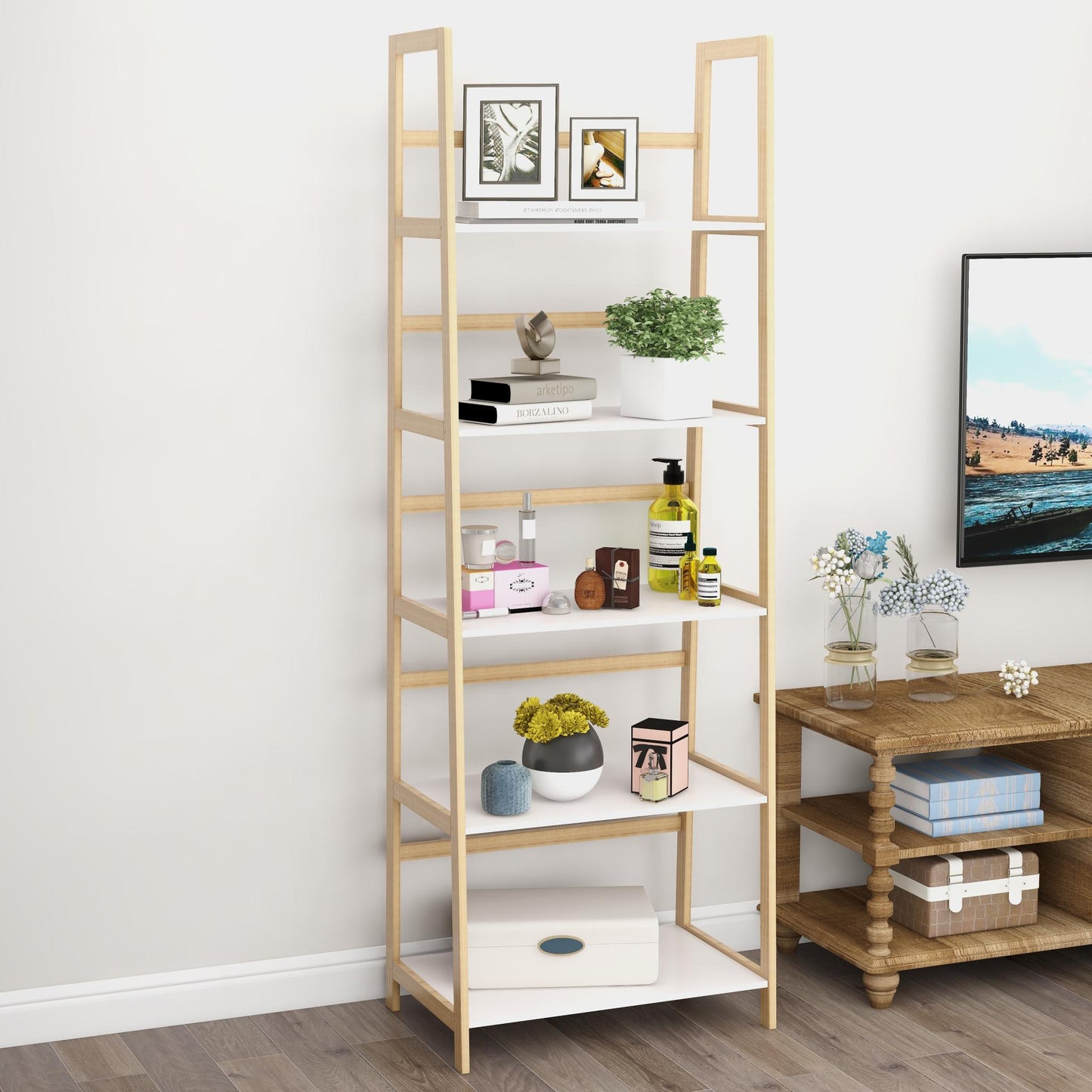 Solid bamboo wood oxford “A”frame ladder display bookshelf