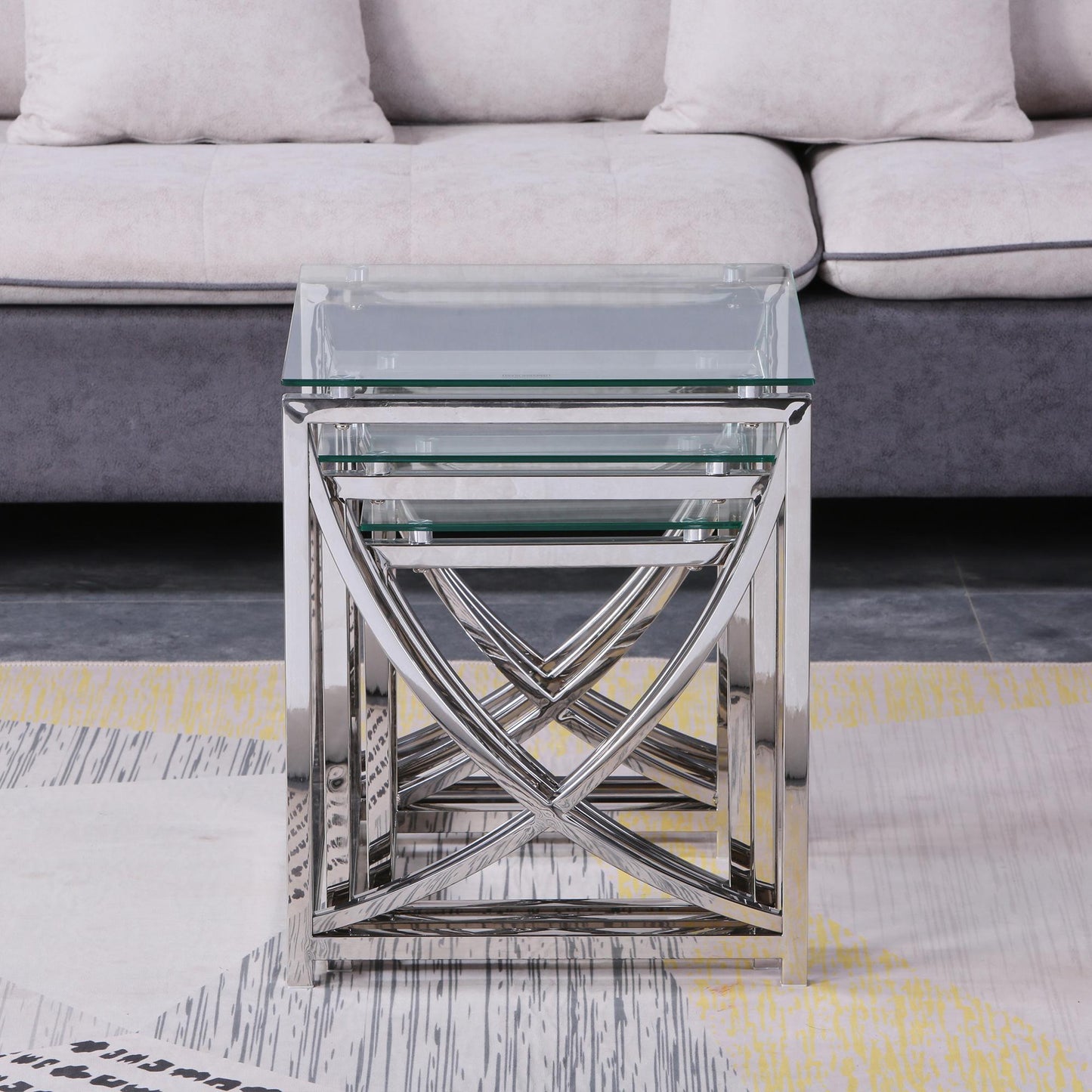 3 Pieces Silver Square Nesting Glass End Tables