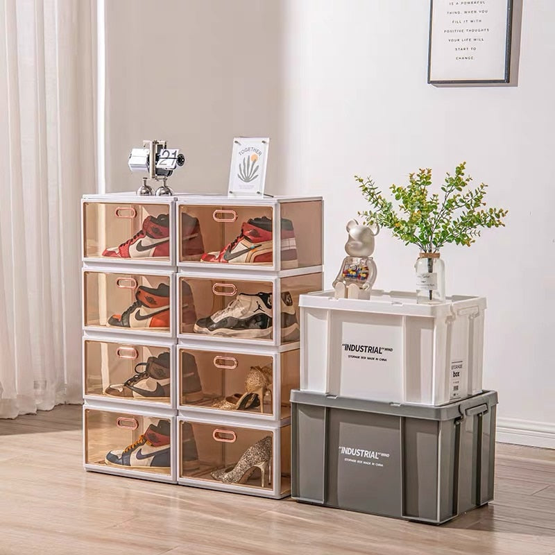 Foldable Shoes Box Dustproof Plastic Shoe Box Stackable Cabinet Storage Box Shoes Organizers Shoe Rack Cabinets Cupboards