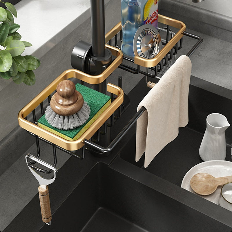 Kitchen Space Aluminum Sink Drain Rack Sponge Storage Faucet Holder Soap Drainer Shelf Basket Organizer Bathroom Accessories