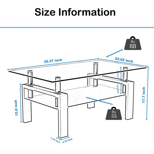 Rectangle Glass Coffee Table, 2-Tier Tea Table w/Tempered Glass Tabletop & Stainless Steel Tube(2Packages)