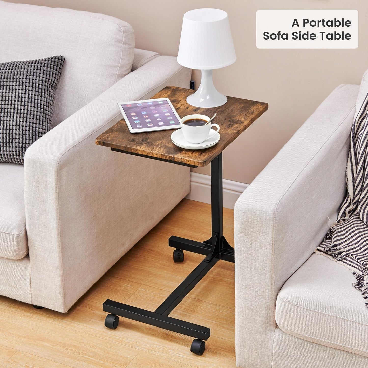 Side End Tables with Rolling Casters,C Shaped Table for Living Room, Bedroom,Brown