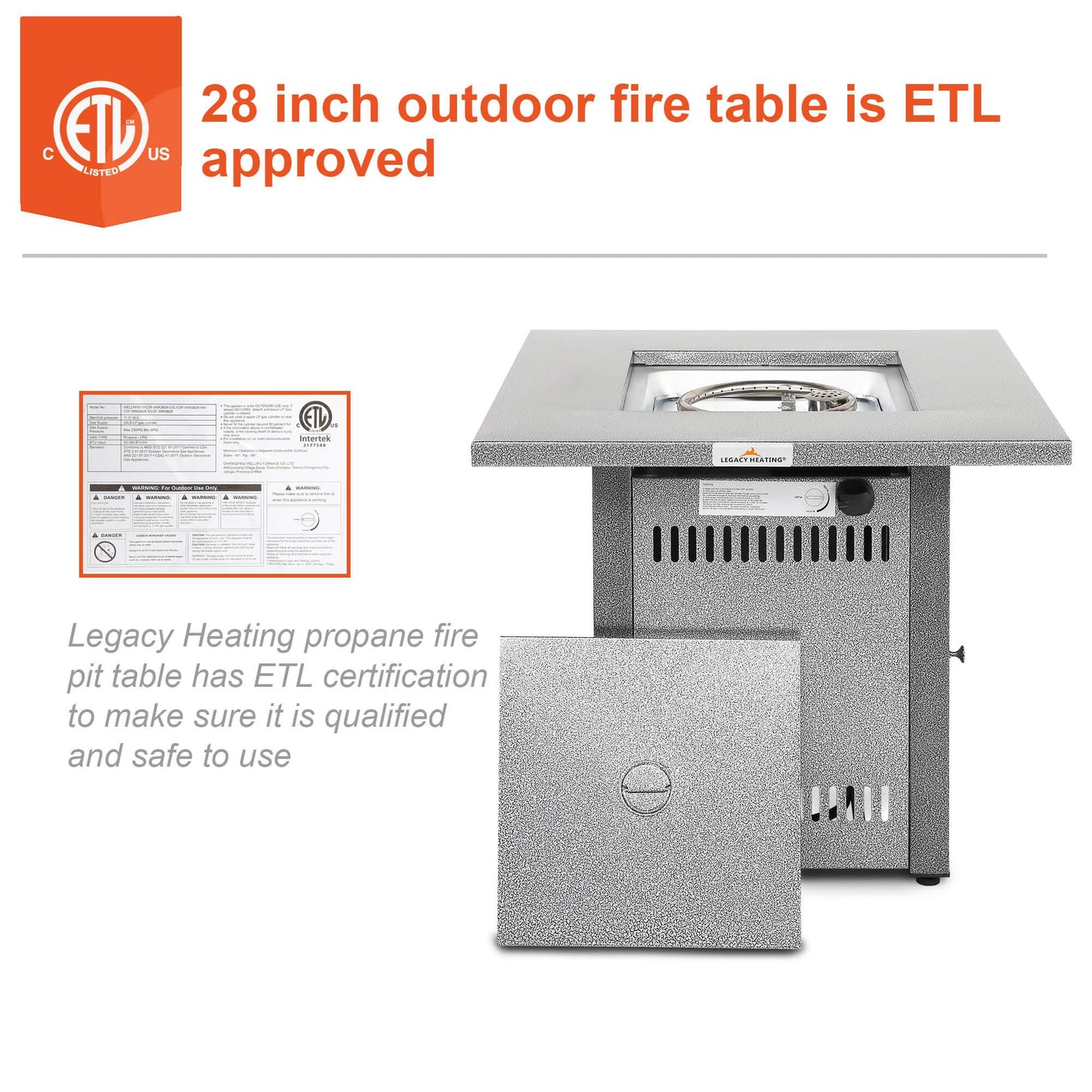 28in Outdoor Propane Fire Pit Table 50,000 BTU Silver Square Gas Fire Pit Table