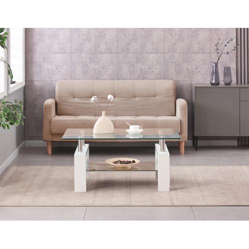 Rectangle Glass Coffee Table, 2-Tier Tea Table w/Tempered Glass Tabletop & Stainless Steel Tube(2Packages)