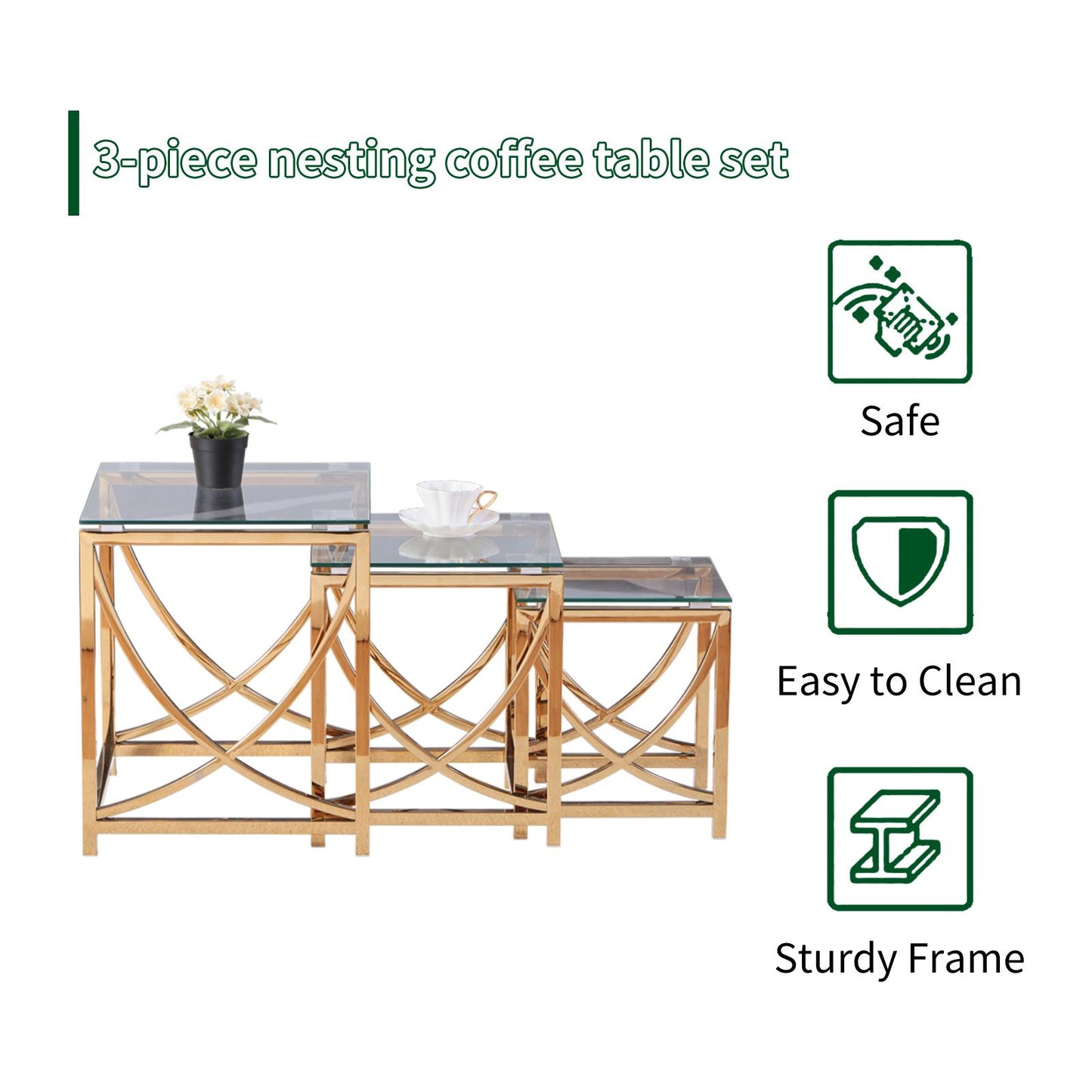 3 Pieces Gold Square Nesting Glass End Tables- Small Coffee Table Set- Stainless Steel Small Coffee Tables with Clear Tempered Glass