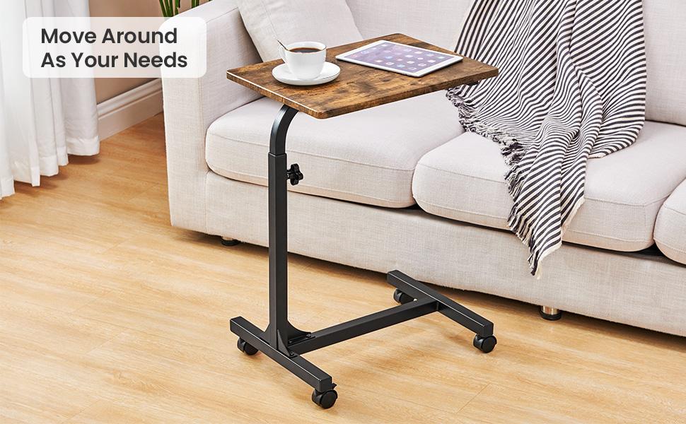 Side End Tables with Rolling Casters,C Shaped Table for Living Room, Bedroom,Brown