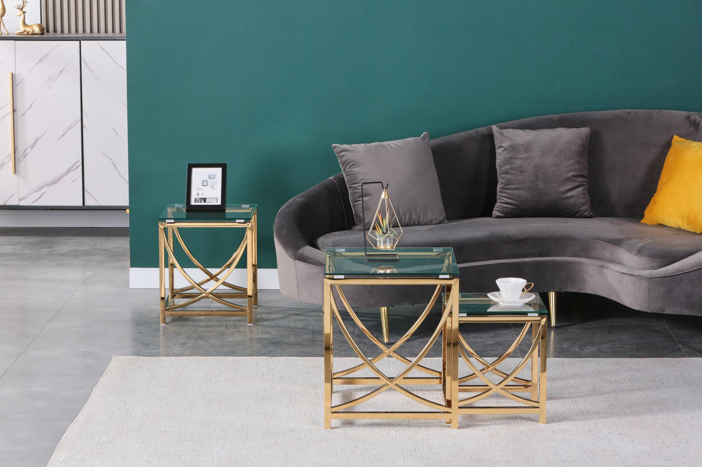 3 Pieces Gold Square Nesting Glass End Tables- Small Coffee Table Set- Stainless Steel Small Coffee Tables with Clear Tempered Glass