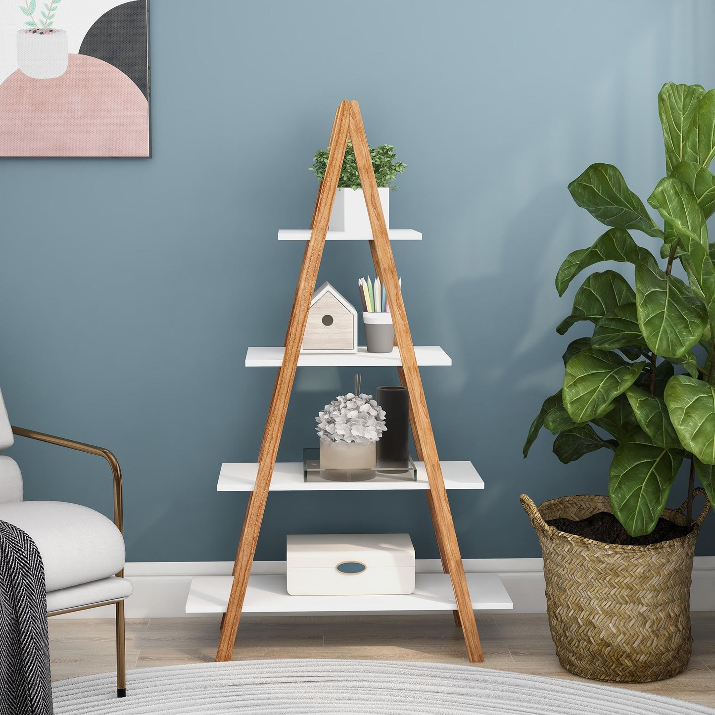 Solid bamboo wood oxford “A”frame ladder display bookshelf