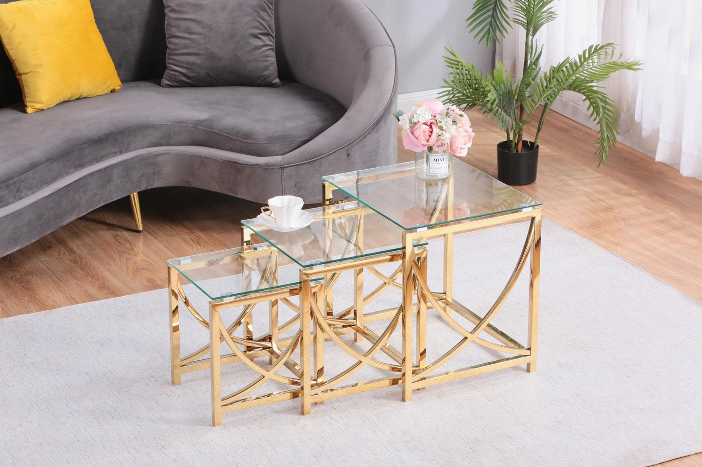 3 Pieces Gold Square Nesting Glass End Tables- Small Coffee Table Set- Stainless Steel Small Coffee Tables with Clear Tempered Glass