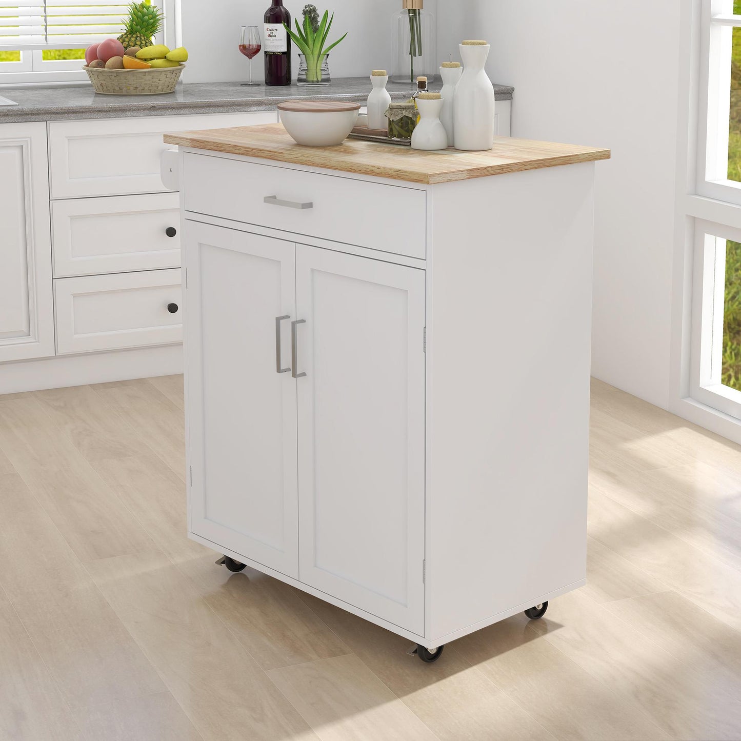 Kitchen island rolling trolley cart with towel rack rubber wood table top