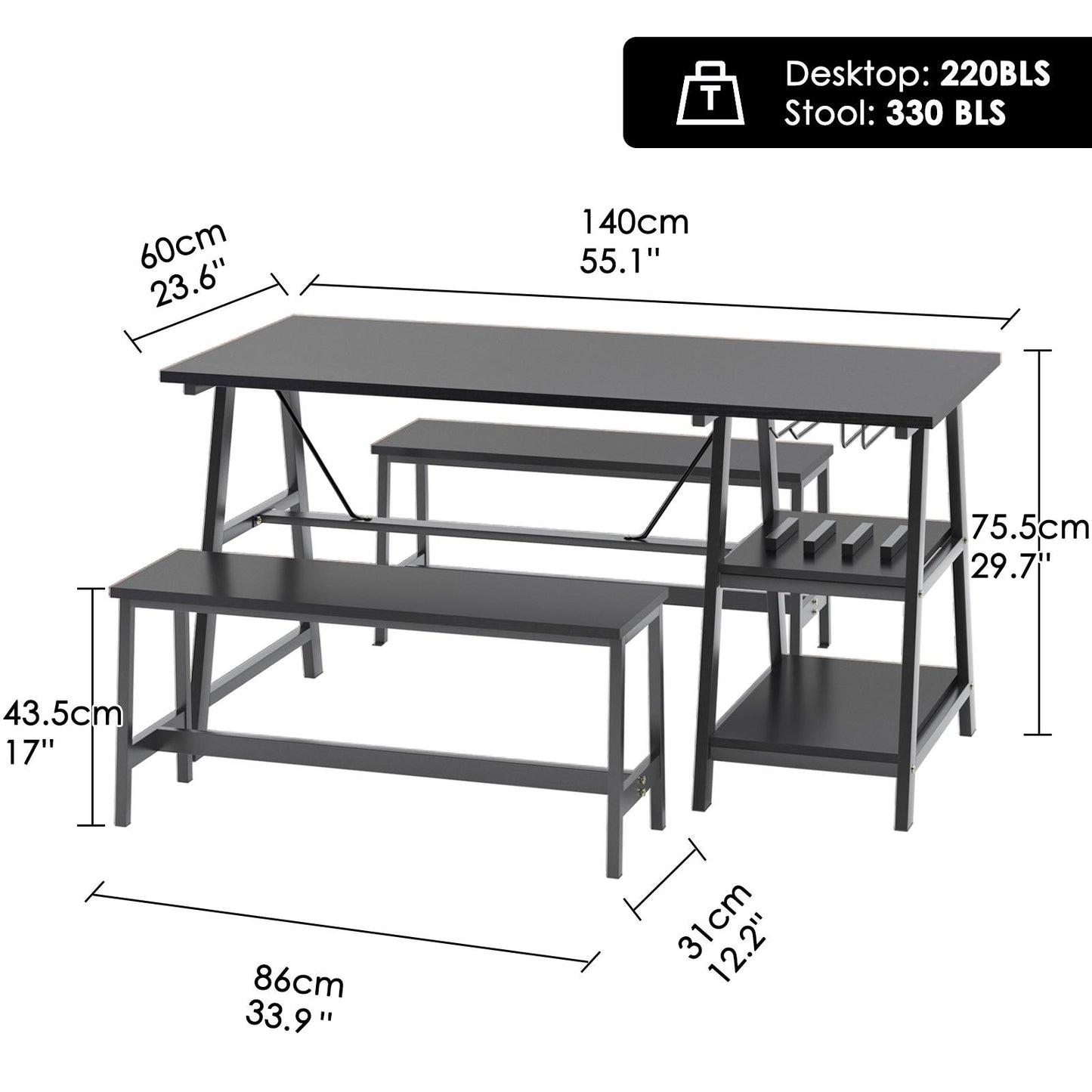 Kitchen Dining Table Set for 4, Wooden Dinette with Wine Shelf and Glass Holder,Breakfast Table Set with 2 Benches