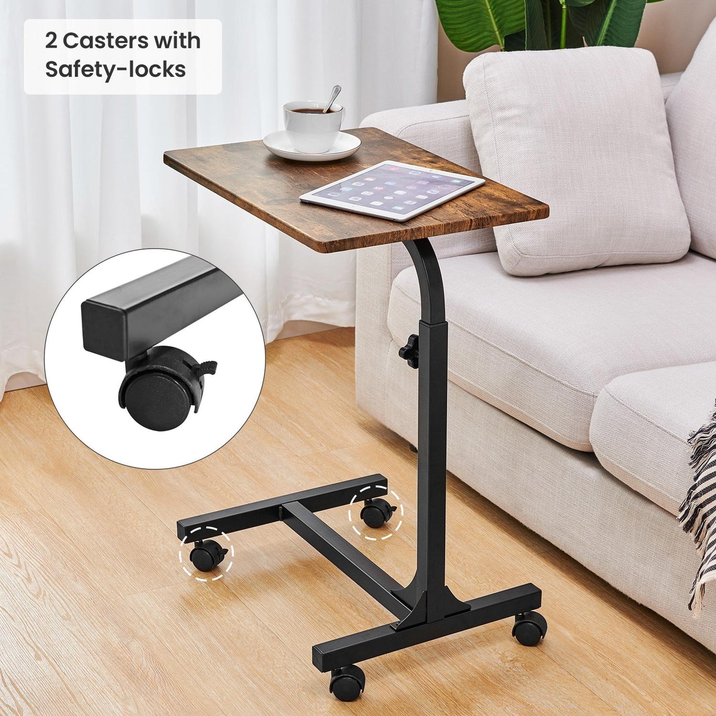 Side End Tables with Rolling Casters,C Shaped Table for Living Room, Bedroom,Brown