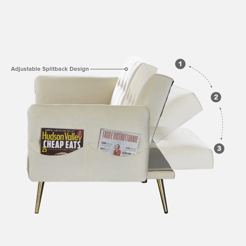 Winforce factory directly supply 280g Italian velvet futon couch, foldable armrests with magazine bags sleeper sofa bed