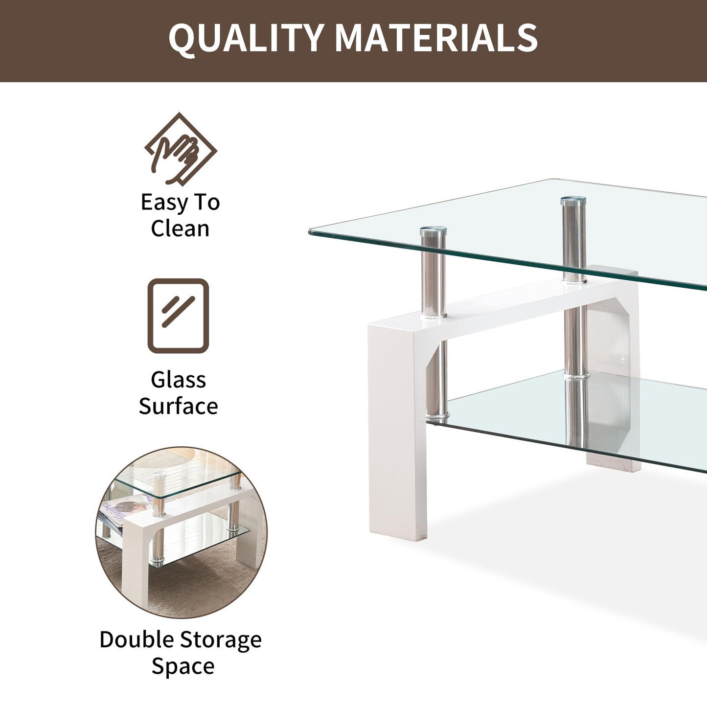 Rectangle Glass Coffee Table, 2-Tier Tea Table w/Tempered Glass Tabletop & Stainless Steel Tube(2Packages)