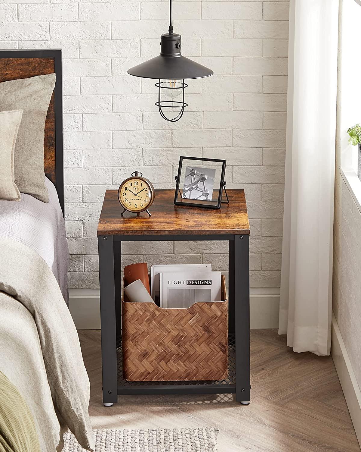 Side Table, 2-layer Bedside Table, Metal Frame with Adjustable Leg