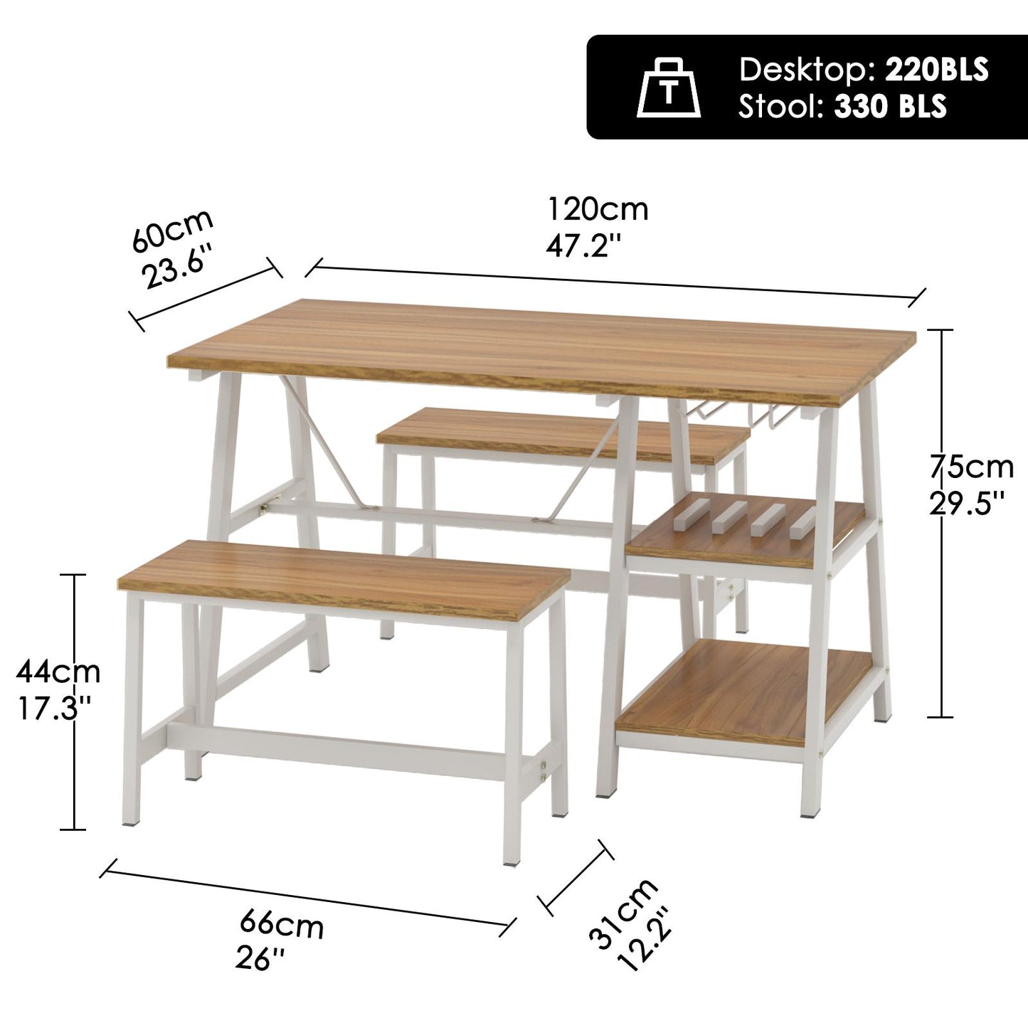 Kitchen Dining Table Set for 4, Wooden Dinette with Wine Shelf and Glass Holder,Breakfast Table Set with 2 Benches