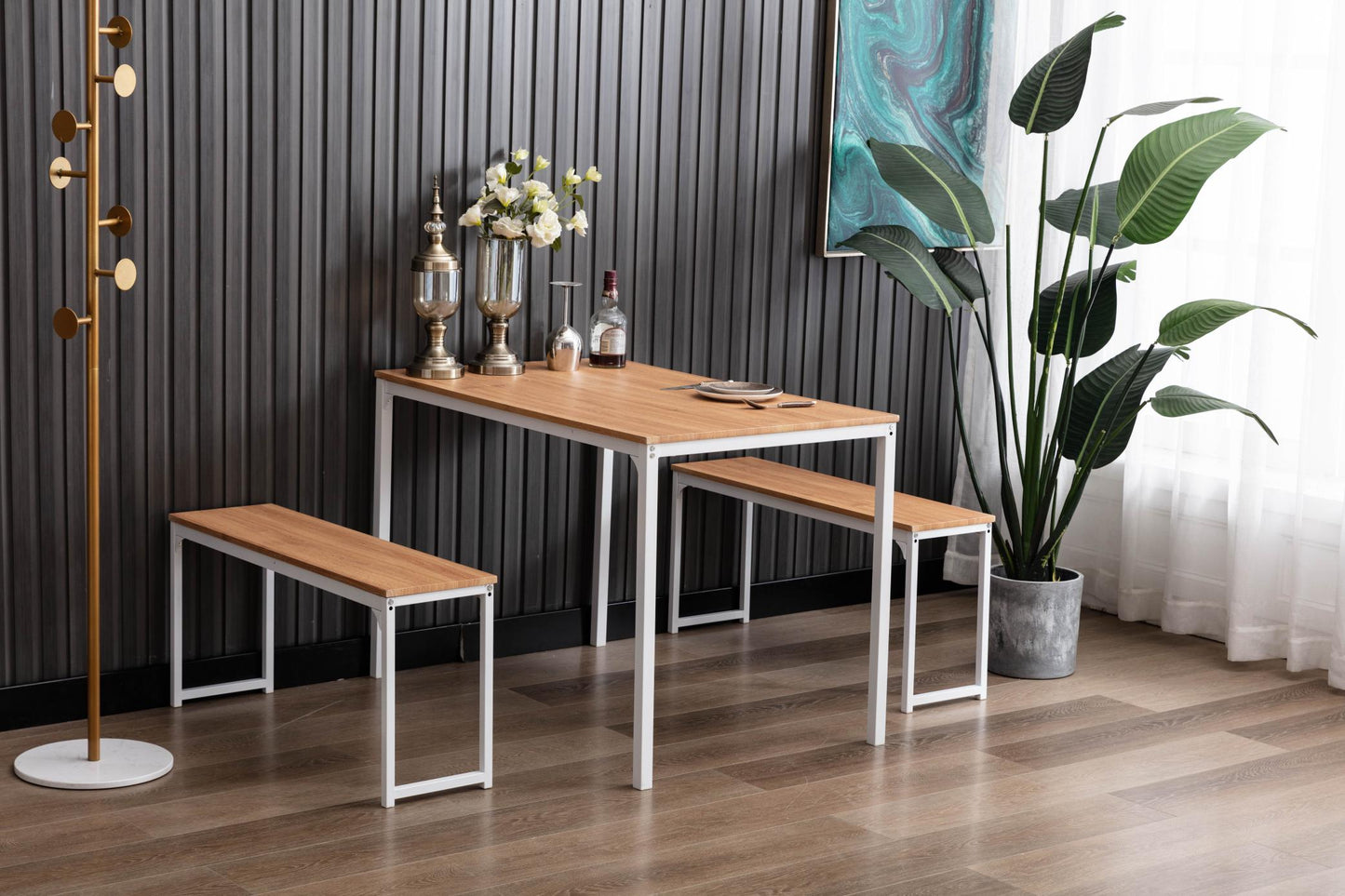 Morden charming style dining table set with a tatble and two benches for kichen, diniing room