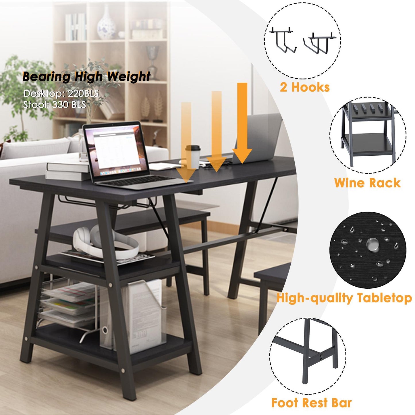 Kitchen Dining Table Set for 4, Wooden Dinette with Wine Shelf and Glass Holder,Breakfast Table Set with 2 Benches