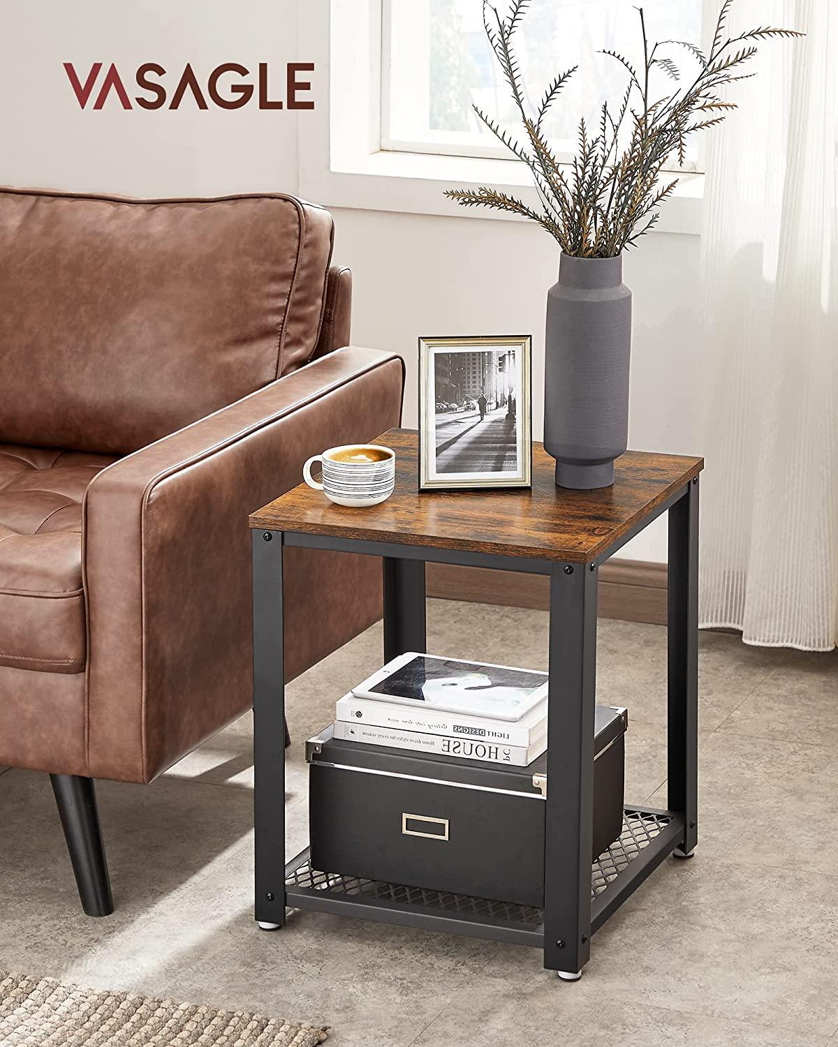 Side Table, 2-layer Bedside Table, Metal Frame with Adjustable Leg